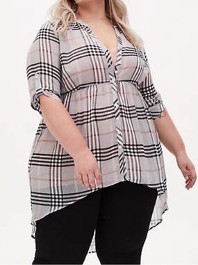 Torrid Lexie chiffon long sleeve plaid high low blouse shirt
